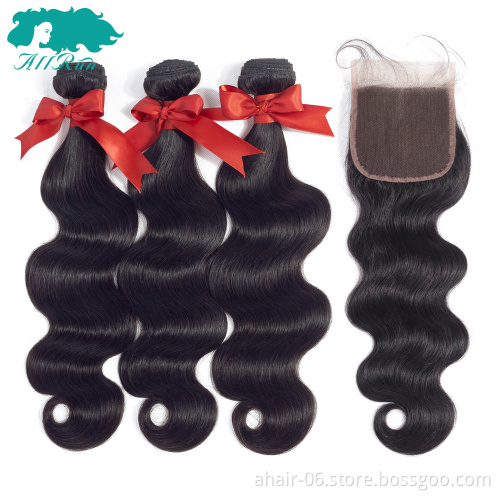 Cheap body wave human hair weave, 4x4 front 100% virgin Brazilian hair bundle with human hair closure